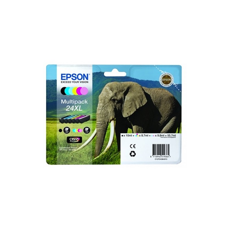 T2438 - XL - MultiPack originale Epson 24XL: Set composto da n. 6 cartucce: n. 1 T2431 + n. 1 T2432 + n. 1 T2433 + n. 1 T2434 + 