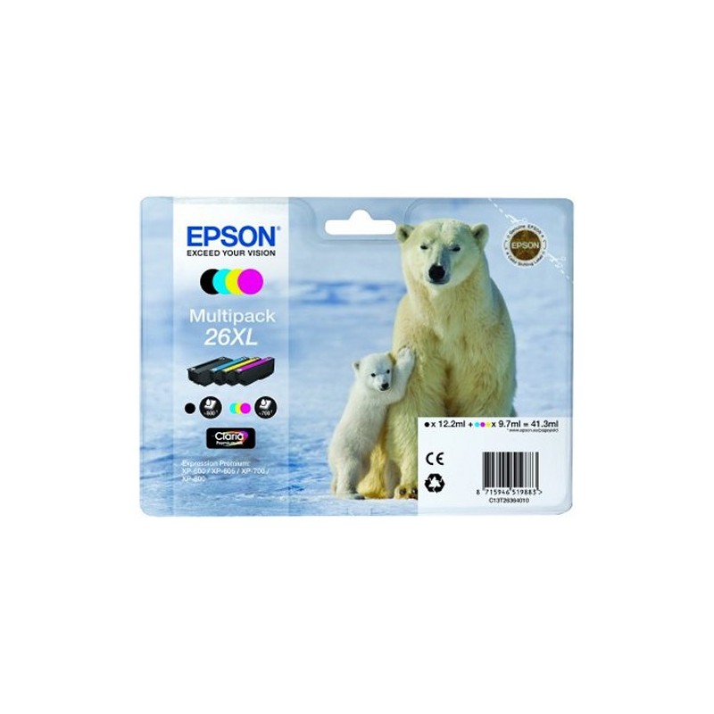 T2636 - MultiPack originale Epson T26XL: Set composto da n. 4 cartucce: n. 1 T2621 + n. T2632 + n. 1 T2633 + n. 1 T2634